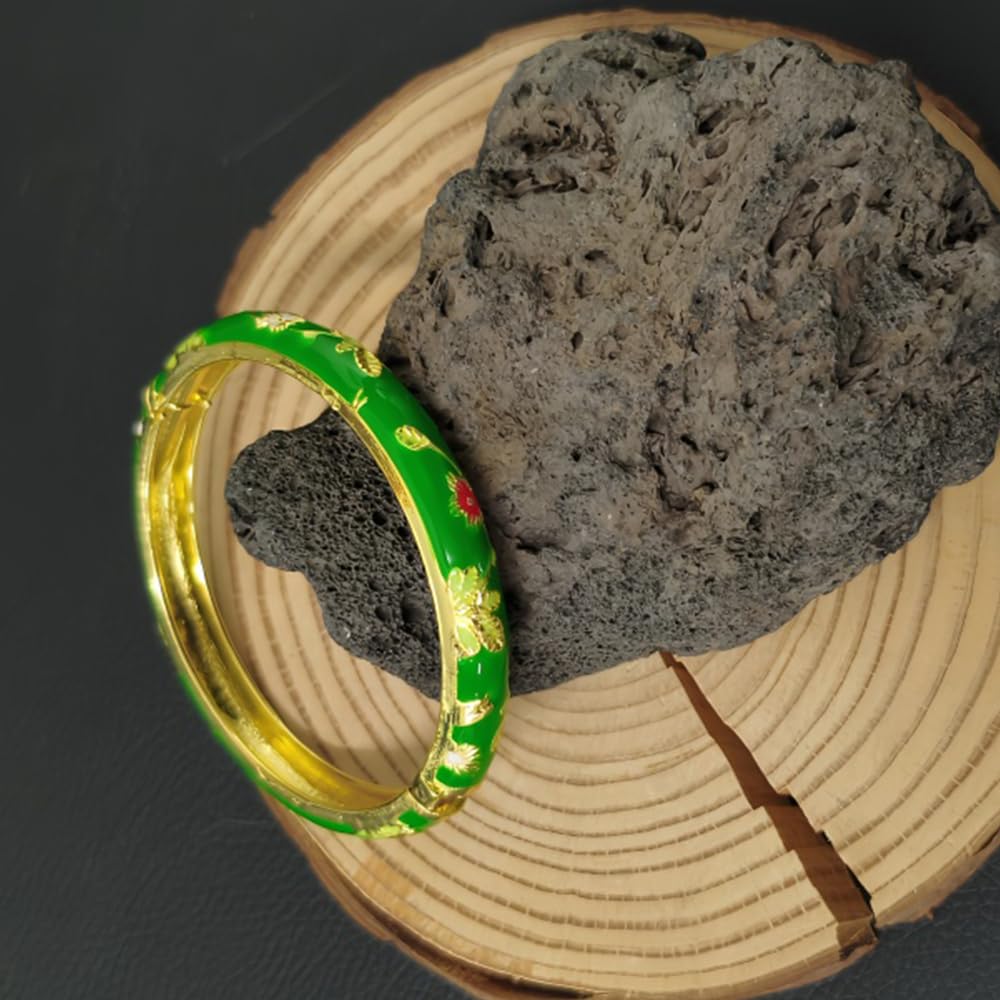 BlingNook Cloisonne Bracelet For Women, Chunky Bangle Trendy Cute Flower Enamel Bangles Multi Tone Engraved Cuff Gold Plated Bracelets Stackable Wife Jewelry Friendship Gift (Emerald Green, One Size)