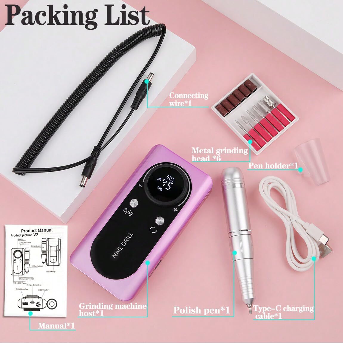 Professional 45000RPM Electric Portable Nail Drill Machine Rechargeable Low Noise Nail Sander File for Manicure Salon Tool (Pink)
