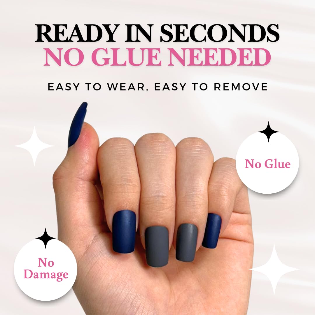 PerfectLook Press On Nails - Midnight Matte | No Glue One-Day Medium Square Nails, Matte Dark Grey & Navy Blue Fake Nails - 24 Pcs Nail Kit with Adhesive Tabs