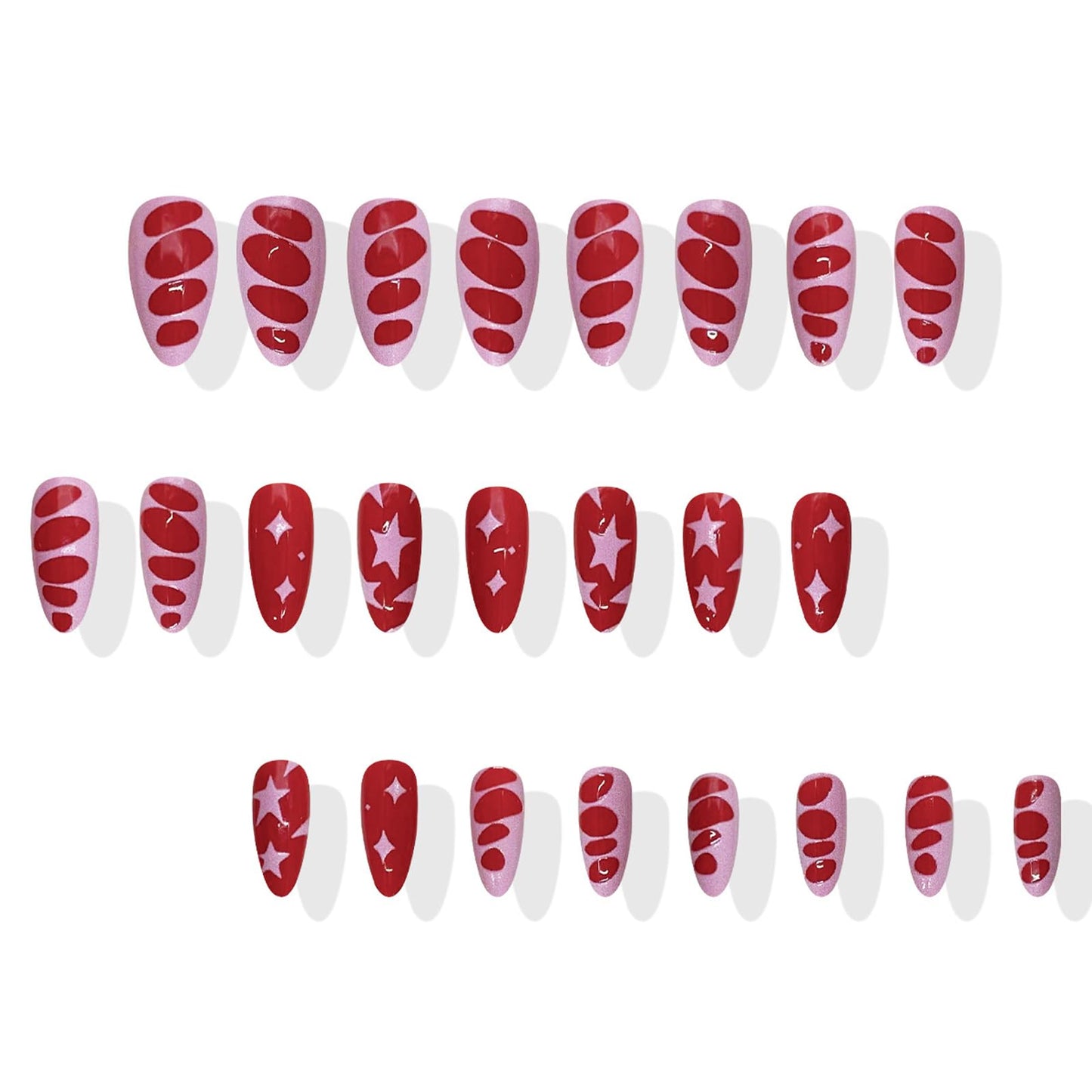 IMRAIN Medium Press on Nails Almond Fake Nails Red Pink False Nails with Star Designs Glossy Full Cover Acrylic Stick on Nails for Women Girls 24Pcs