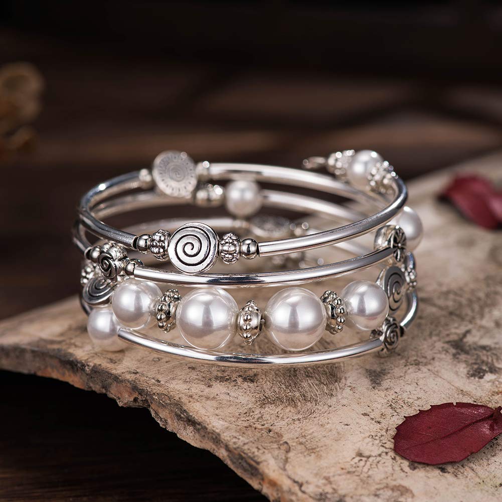 BULINLIN Bead Wrap Bangle Pearl Bracelet - Silver Metal Bracelet Gifts For Women(02-White)