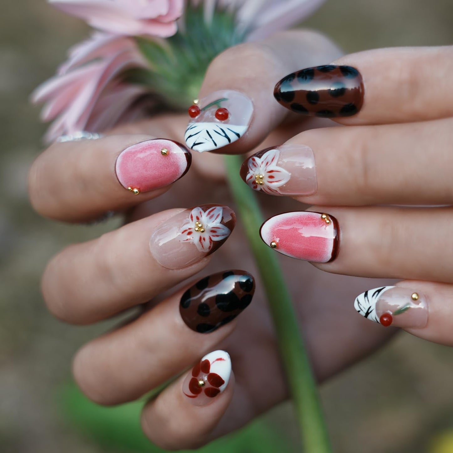 Tesytto Handmade Short Almond Press on Nails Leopard Print French Tip, Cherry Floral Coffee Dot Glossy False Nails, Reusable Acrylic Fake Nails for Women (Leopard Cherry Fun, M)