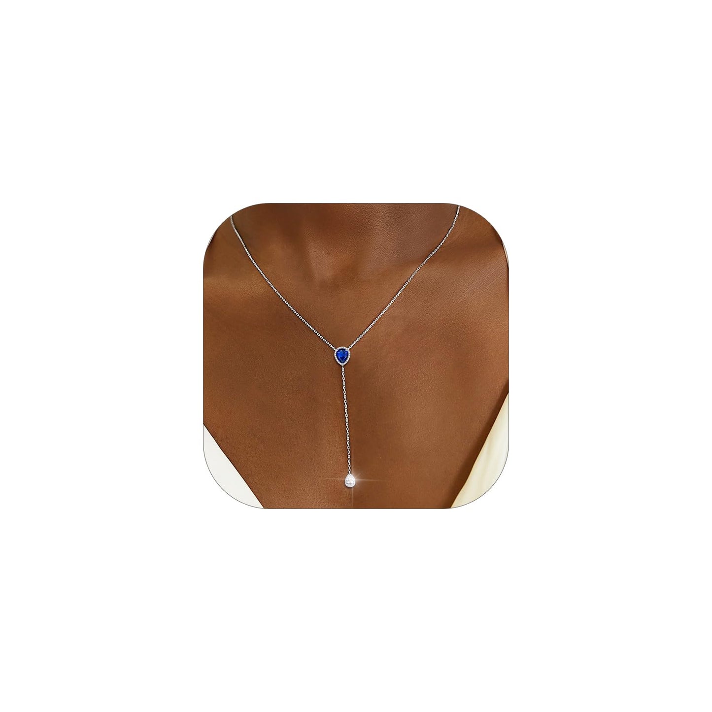 FOCALOOK 925 Sterling Silver CZ Teardrop Lariat Necklace 16"-18" Y Drop Adjustable Birthstone Necklaces for Women