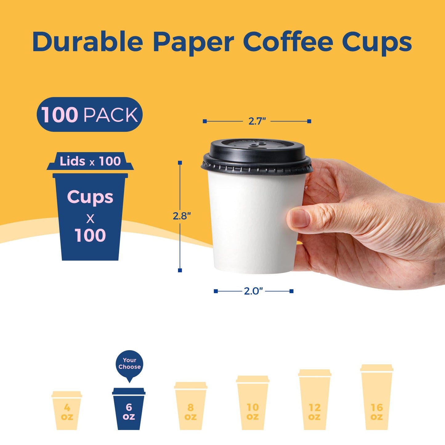 Fit Meal Prep 100 Pack 6 oz Disposable Coffee Cups with Lids, Premium To Go Paper Cups, Leak Proof Hot Coffee Cups with Lids for Travel, Office, Hot/Cold Beverages (Black Lids)
