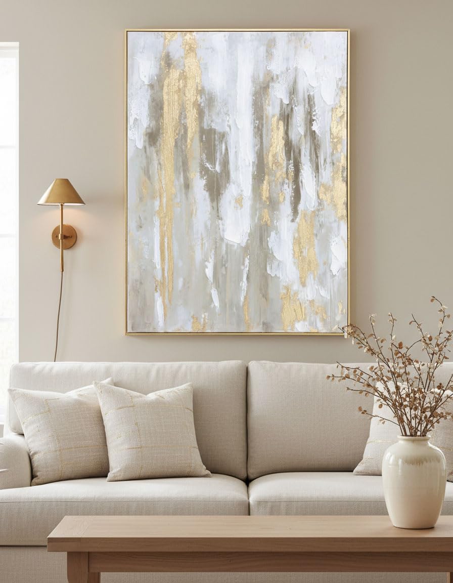 Gold Abstract Wall Art Decor - Framed Texture Paintings Modern Canvas Artwork with Hand-Painted Gold Foil for Modern Style Decor, Ready to Hang