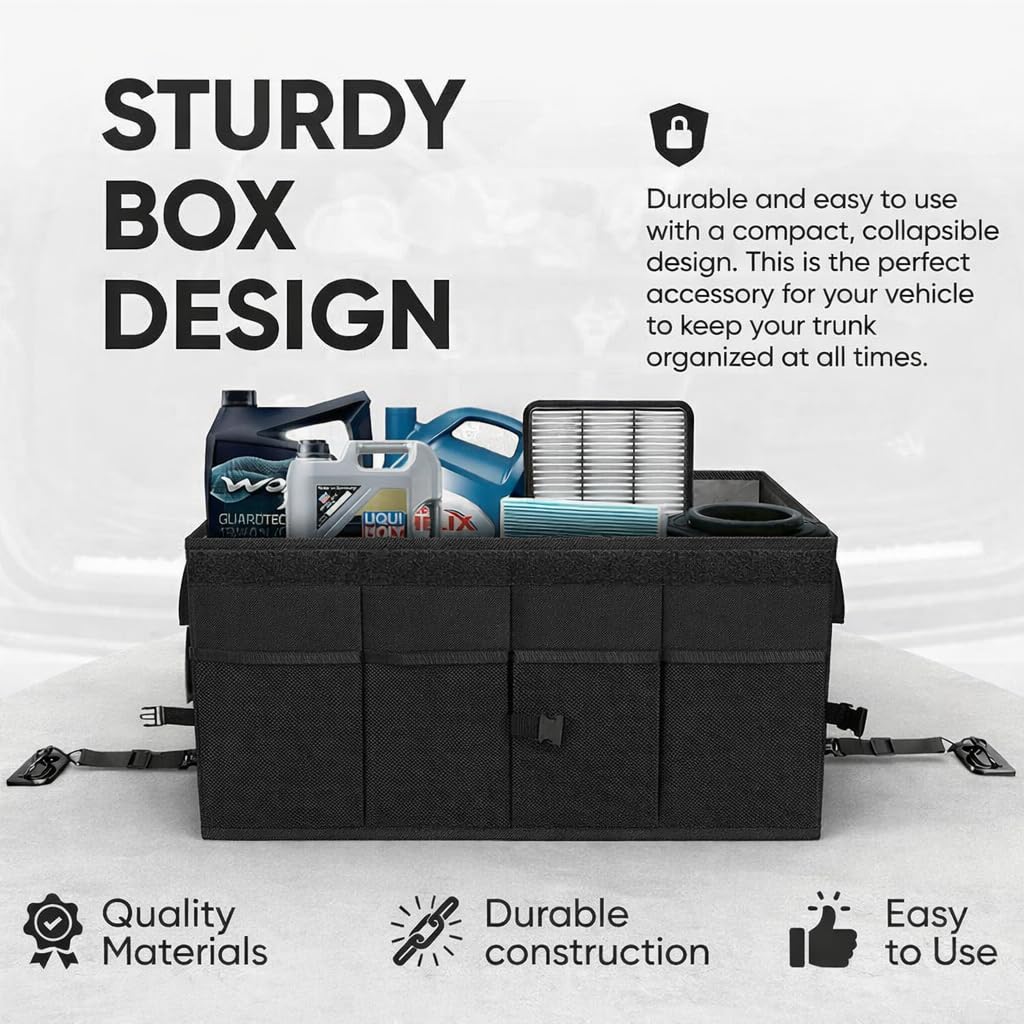 Large Car Trunk Organizer with Lid – Foldable Collapsible Storage Box, Heavy Duty, Multi-Compartment, Non-Slip Bottom, Durable Car Storage Organizer for SUV, Truck & Auto Accessories