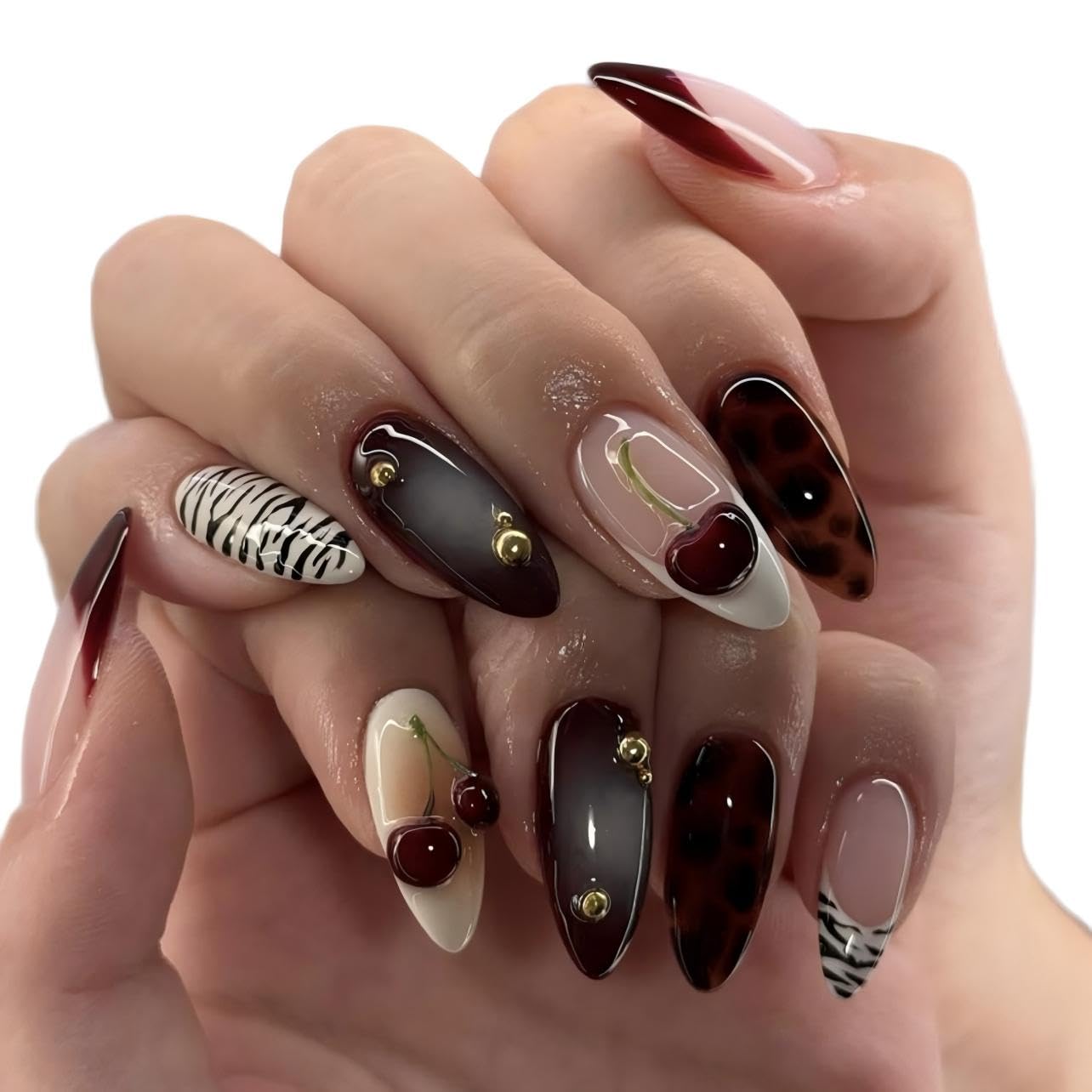 Brown Press On Nails Almond Shape, Glossy Red Gradient with Cherry, Leopard Print & Gold Studs, Luxury Handmade Look Full Cover False Nails for Women, Reusable, 24PCS