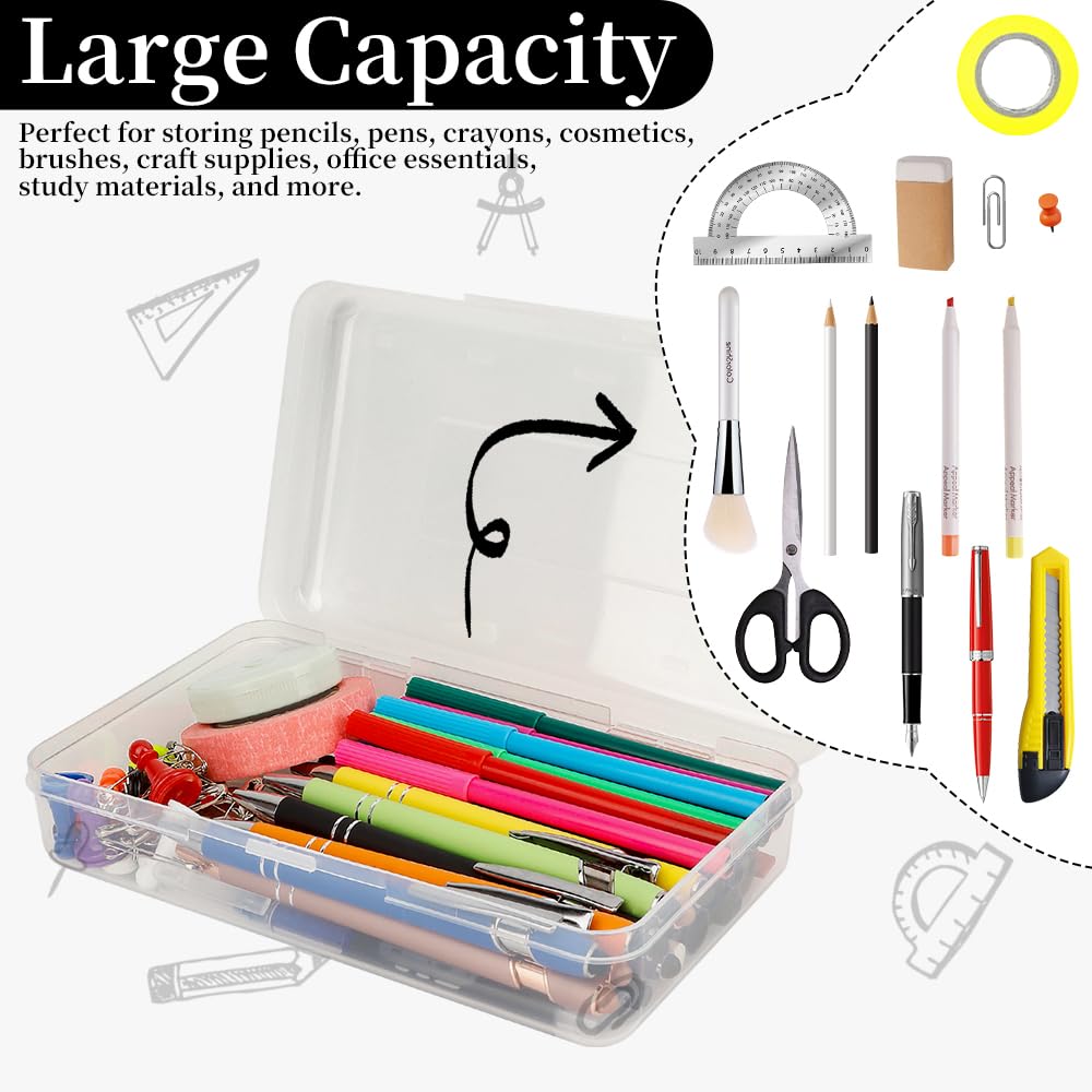 Pencil Box, Clear Pencil Case, Large Capacity Plastic Hard Pencils Case Crayon Box with Snap-Tight Lid Stackable for Kids Adult Student Pens Pencils School Supplies Storage Office Supplies, Clear
