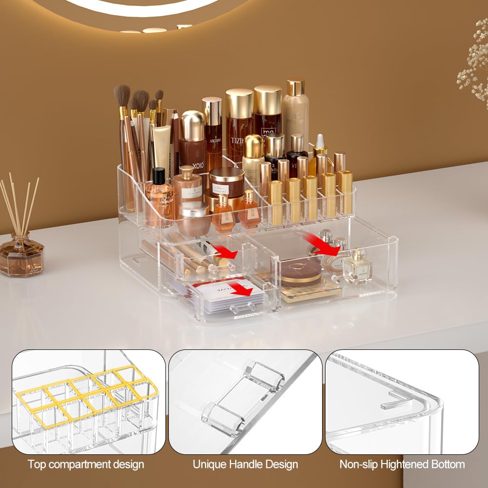 DALEMKY Makeup Organizer for Vanity, Acrylic Large Desk Organizer with Drawers, Ideal Vanity Holder for Cosmetics, Lipsticks, Nail Polish, Skincare, Countertop, Bathroom, Dresser