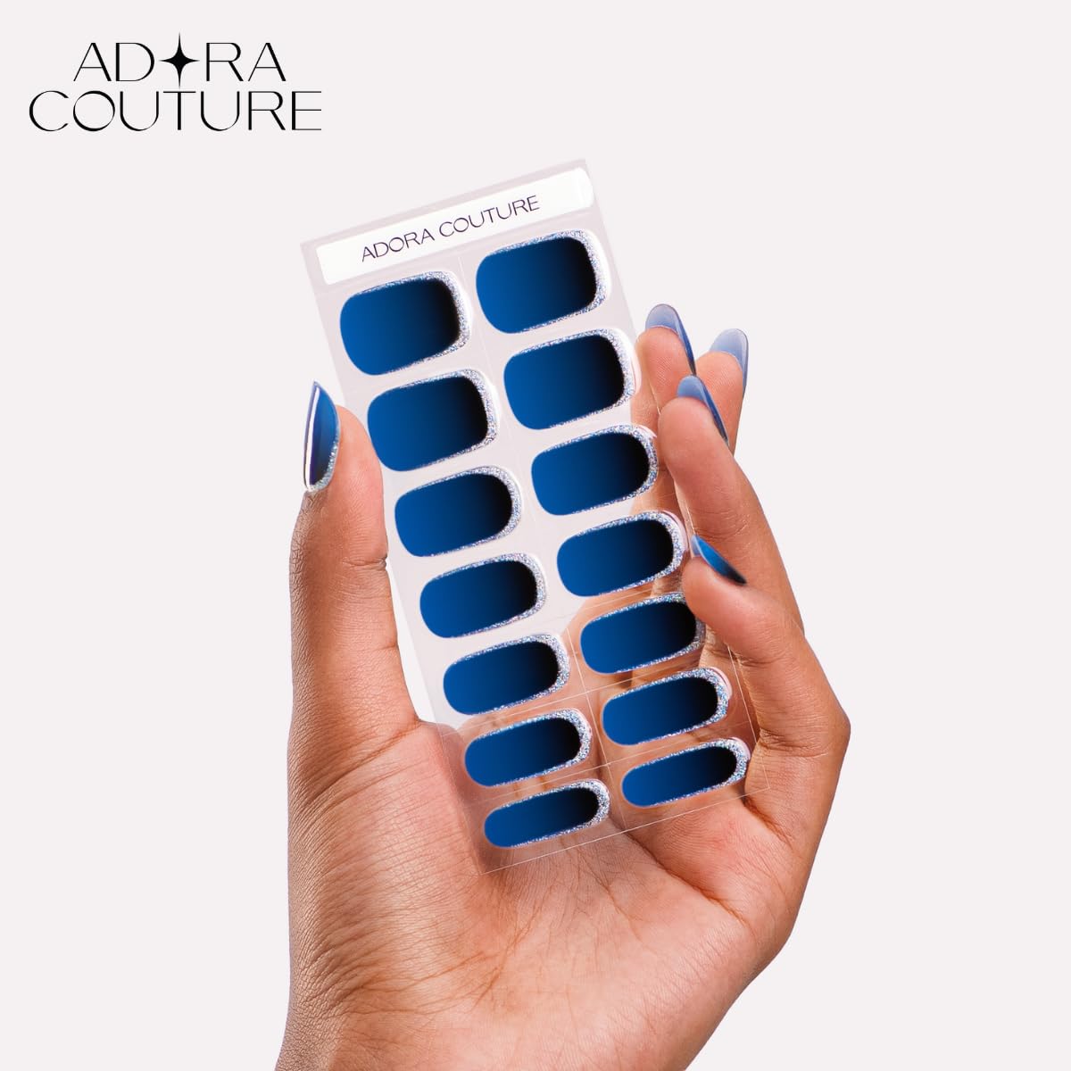 Adora Couture Semi-Cured Gel Nail Strips - 30 Salon-Quality Stickers with UV Light Required, Long Lasting, Easy Application & Removal, Includes Prep Pads, Nail File, Wooden Stick (Blue Regal)