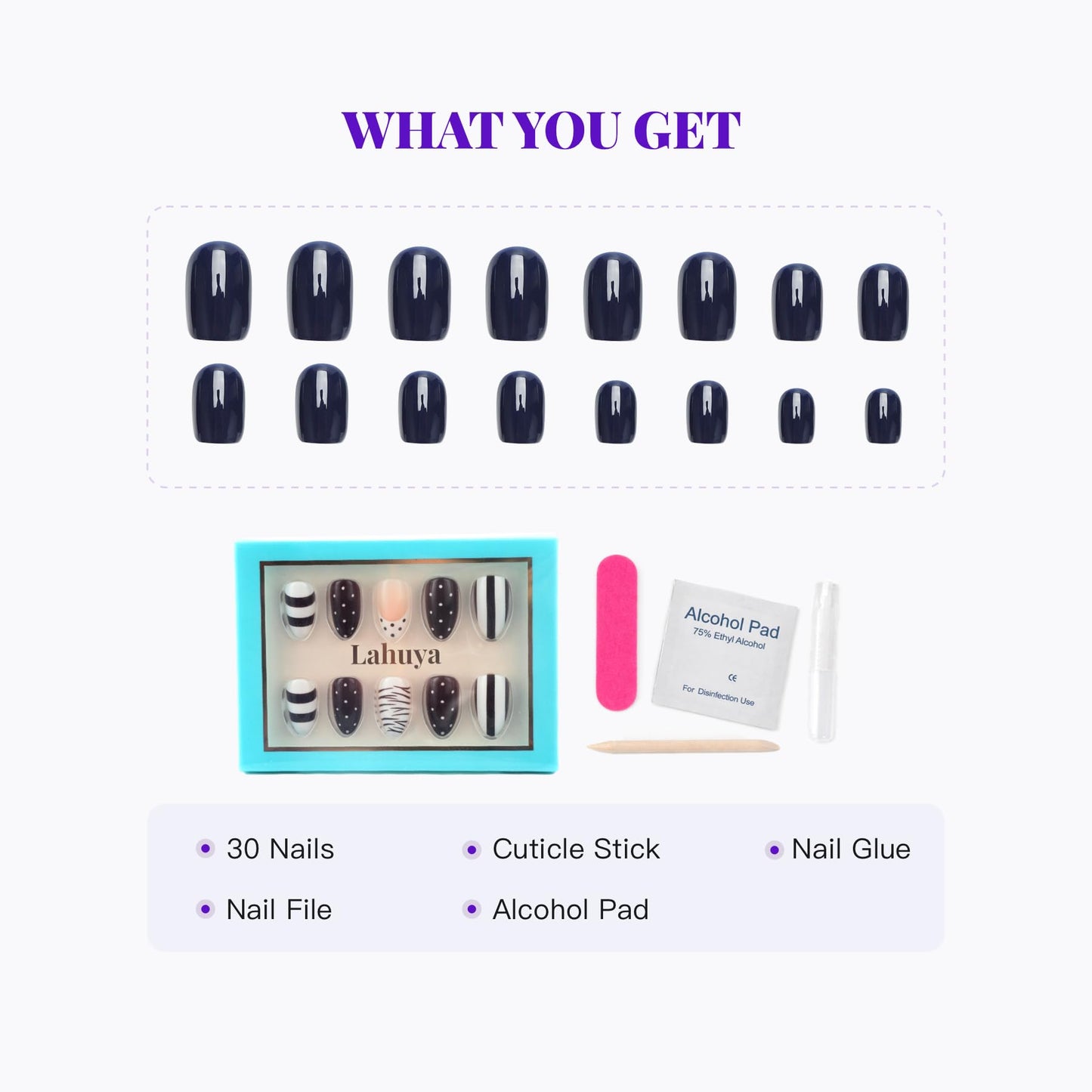 Lahuya Press On Nails - Mocha Chic | Short Almond Fake Nails with Brown and White Graphic Nail Art, Polka Dot, Stripe & Swirl Design, Glossy Finish, Salon Quality | 15 Sizes - 30 Nail Kit with Glue