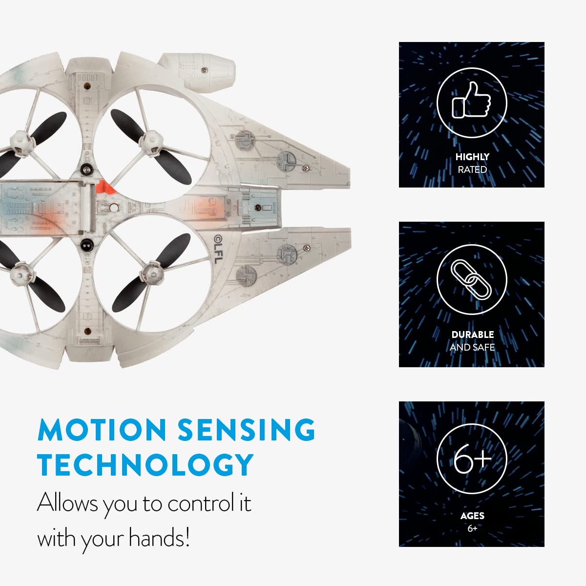 Star Wars Millennium Falcon Motion Sensor UFO Drone - Hand Controlled Hover Quadcopter with Flip Stunt Mode and Obstacle Avoidance - Officially Licensed Star Wars Toy for Kids 6+