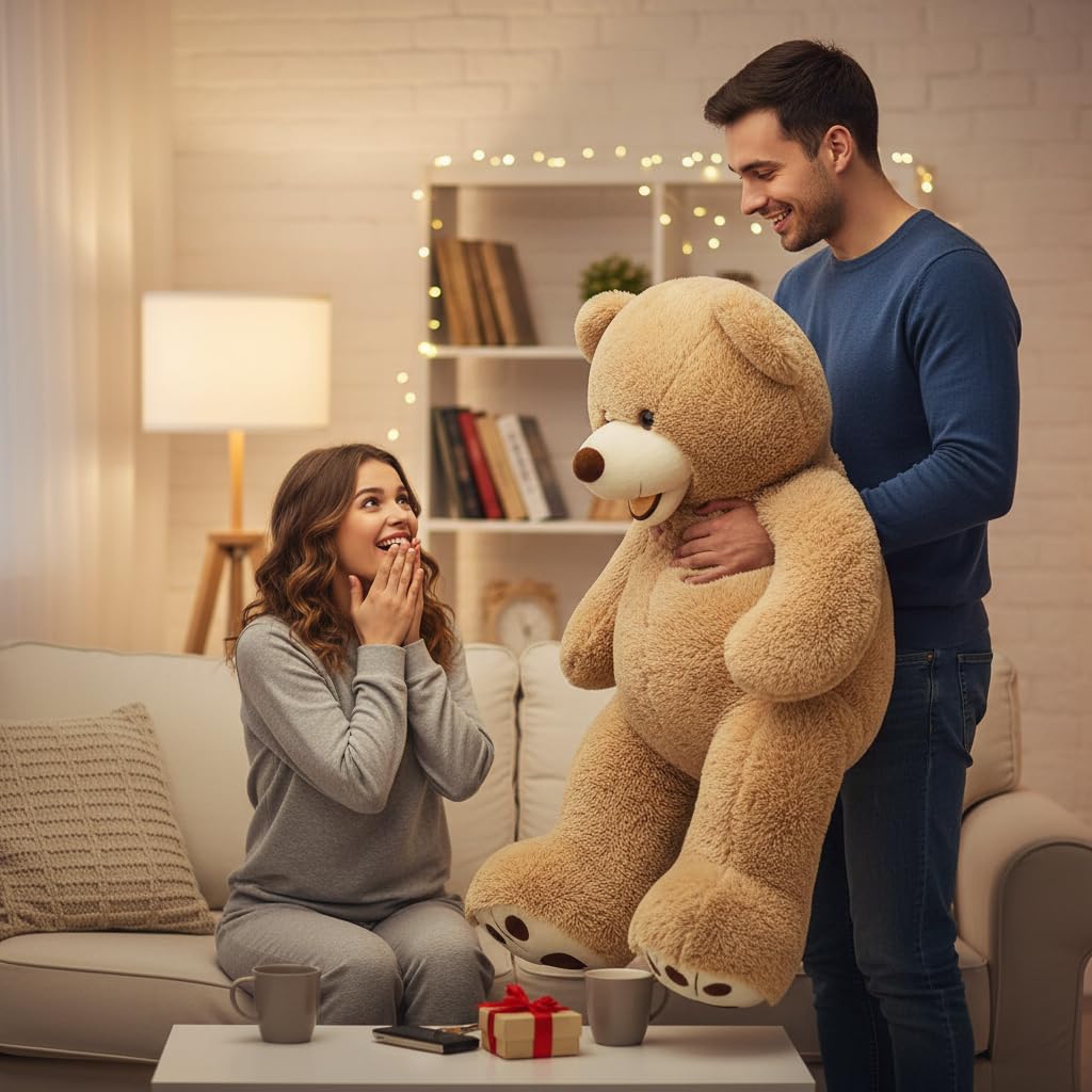 MorisMos Smiling Giant Teddy Bear, 39inch Big Stuffed Animal Bears with Large Footprints Plush, Gift Kids Girlfriend Boyfriend, Light Brown