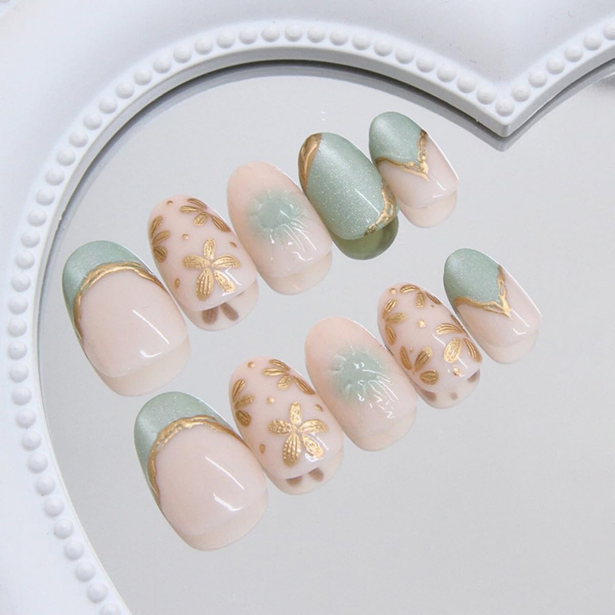 Green French Tip Press on Nails Short Oval Gold Flower Line Fake Nails with Glue Nude Glossy Acrylic False Nails for Women DIY Manicure Decoration 24PCS Reusable Artificial Nails