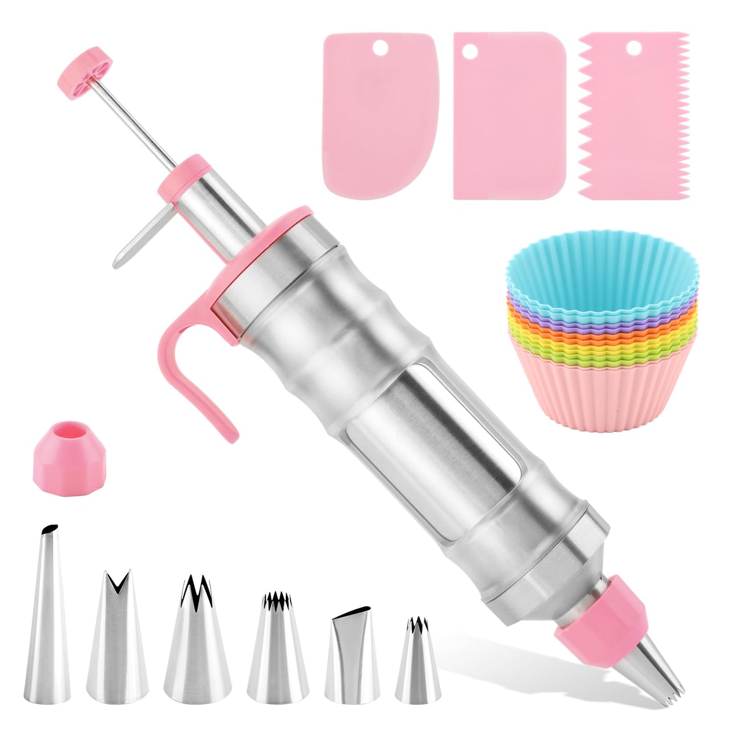 Dessert Decorating Syringe Set, 24Pcs Frosting Piping Kit with 6 Piping Tips, 12 Silicone Cupcake, Stainless Steel Cupcake Decorating Kit Piping Bags and Tips Set