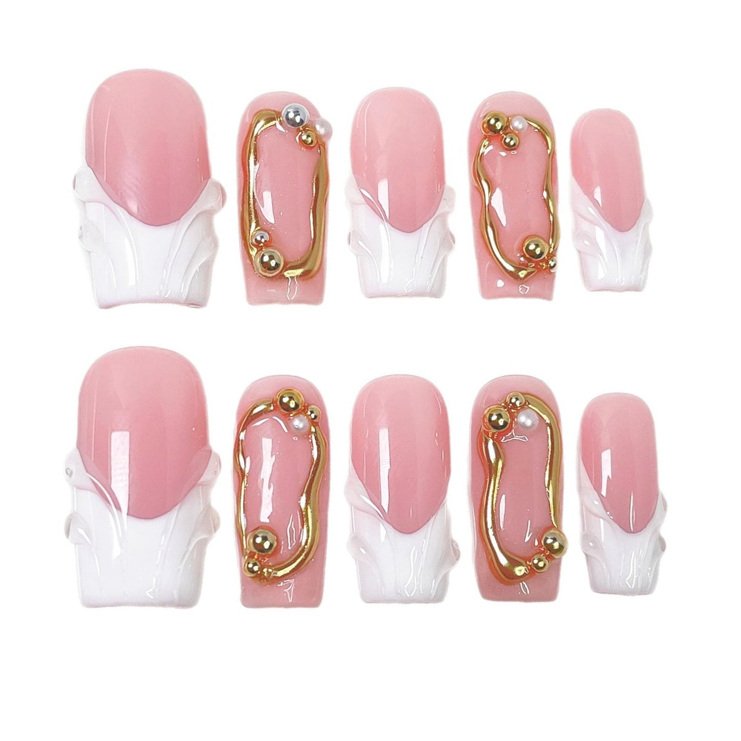 10 Pcs Handmade Press on Nails Medium Square Fake Nails with 3D Glod Curve Design White French Tip False Nails Pink Acrylic M Size Press Ons Nails Square for Women Nail Art