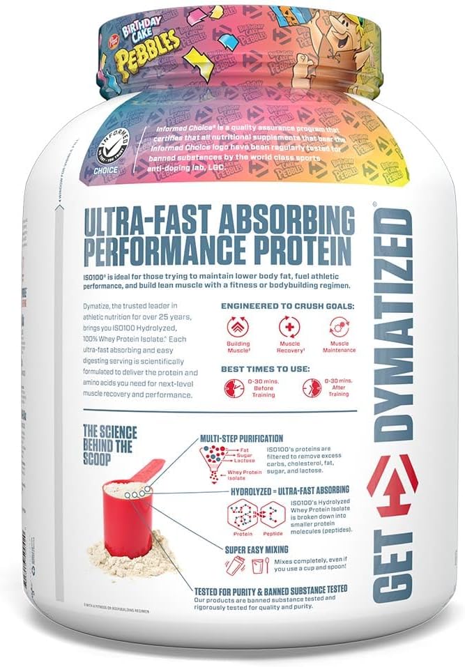 Dymatize ISO100 Whey Protein Powder Isolate, Birthday Cake, 25g of Protein, 5 Pound, 5.5g BCAAs, Less Than 120 Cal., Gluten Free, 1g Fat, 1g Sugar, 2g Carb
