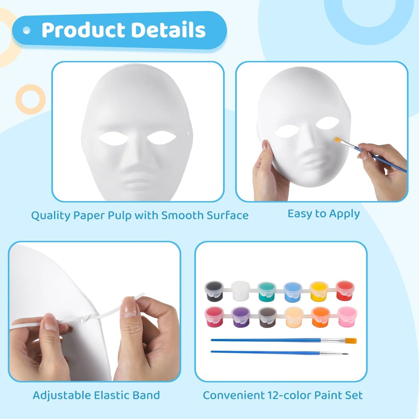 50 Pcs Paper Mache Masks, DIY Blank White Masks, Full Face Set with 5 Paint Sets & Palettes, 25 Male & 25 Female Paintable Masks for Halloween, Masquerade, Craft Projects
