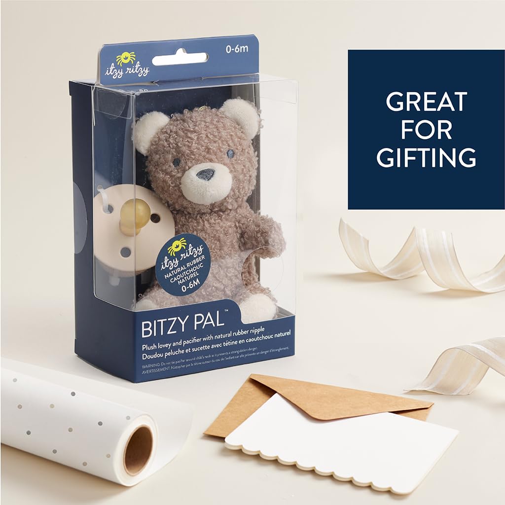 Itzy Ritzy Pacifier & Lovey Set – Natural Rubber Paci with Stuffed Animal Lovey – Detachable Plush Bear Pacifier Holder & Coordinating Natural Rubber Soother, Ideal for Ages 0-6 Months (Bear)