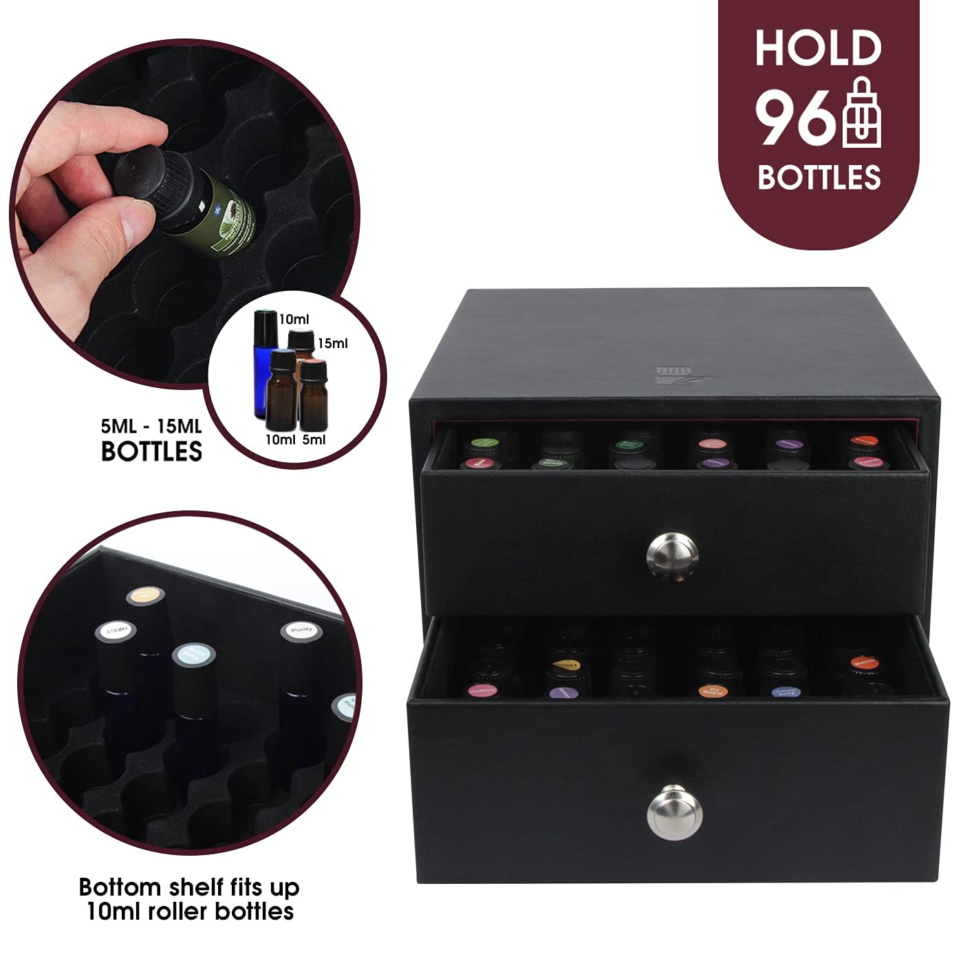 J JACKCUBE DESIGN Essential Oil Organizer Storage Box Case, Holds 96 Bottles 5-15ml Essential Oils, Roller Bottles- Leather Drawer Oil Holder Display- MK525A