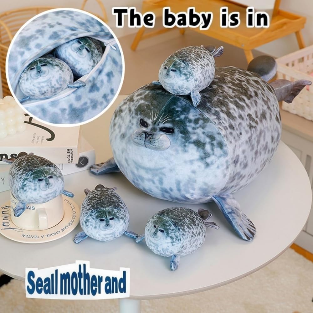 19.6Inch Chubby Blob Seal Pillow CuteSeal Plush with 4 Baby Seal Plushies in Her Tummy Soft Stuffed Cotton Plush Animal Toy Gift for Kids