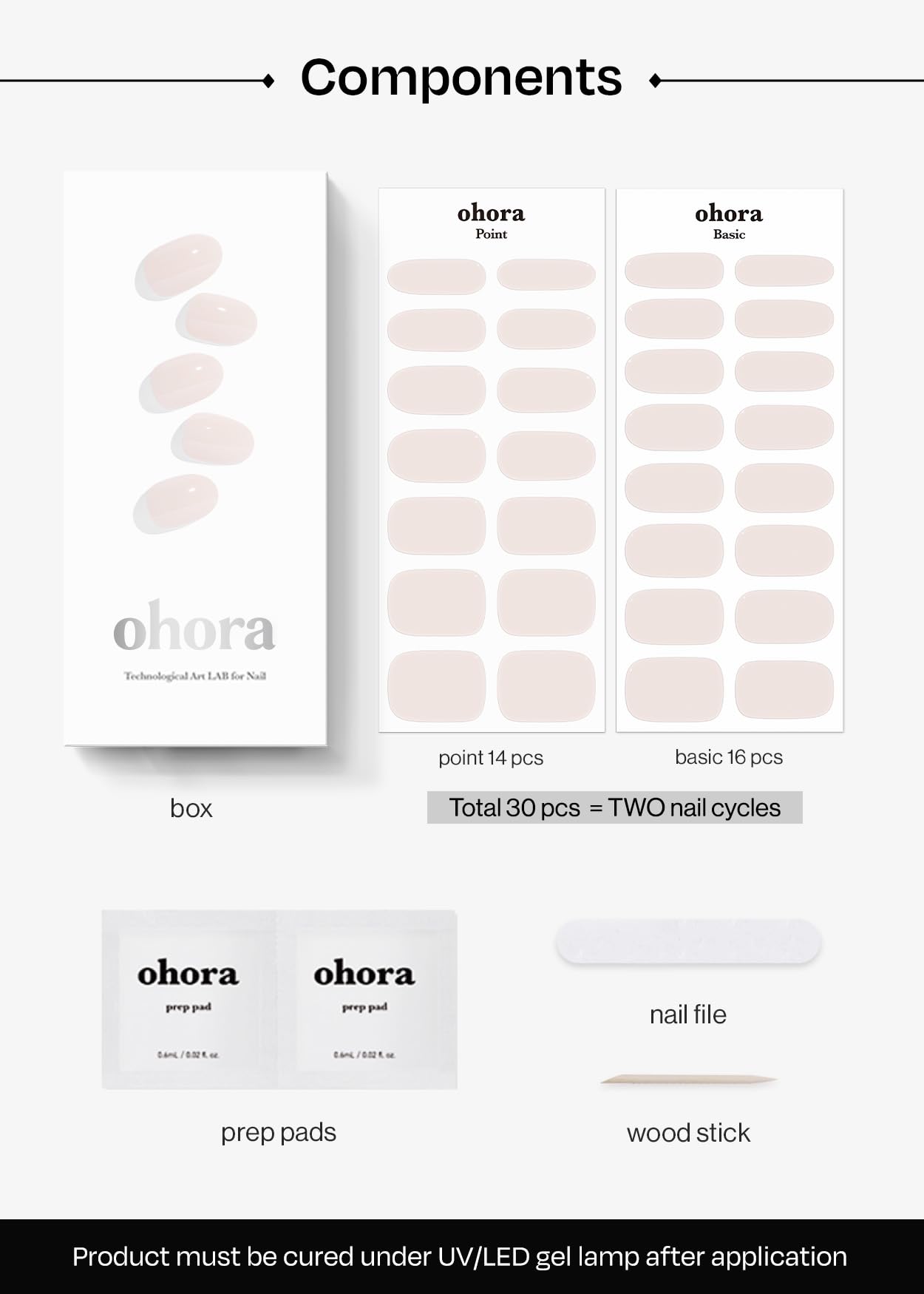 ohora Semi Cured Gel Nail Strips (N Cream Light) - Nude, Solid, Works with Any UV/LED Lamps, Salon-Quality, Long Lasting, Easy to Apply & Remove - Includes 2 Prep Pads, Nail File & Wooden Stick