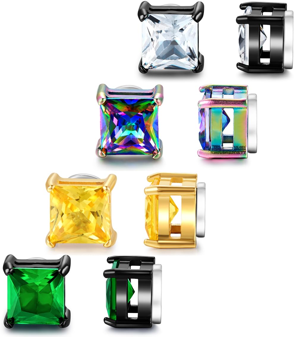 SIISPRI 4 Pairs Stainless Steel Magnetic Stud Earrings for Men Women Hypoallergenic Inlaid Cubic Zirconia Unisex Non-Piercing Clip On Stud Diamond Earrings Set