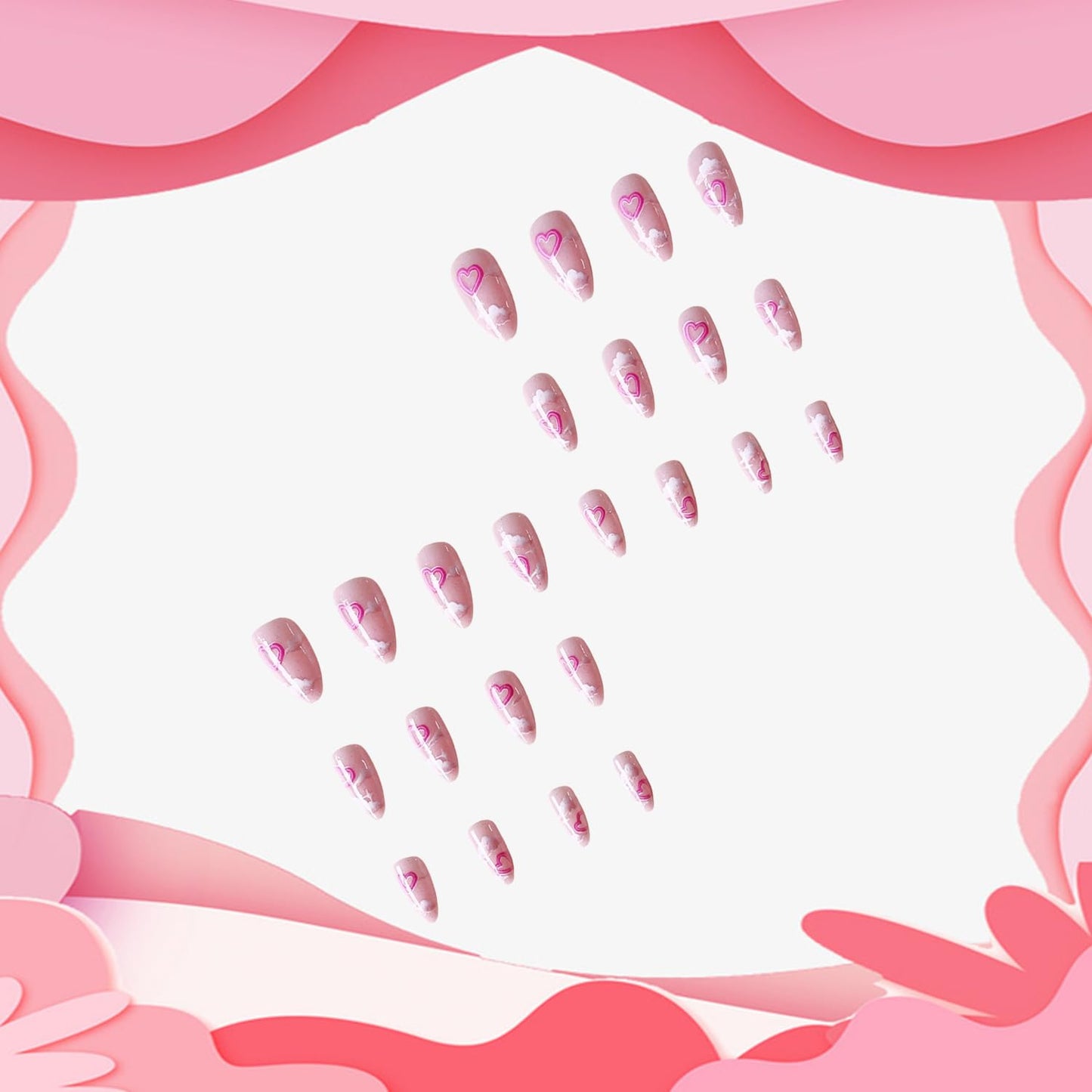 Heart Press on Nails Short Almond Artificial Acrylic Fingernails Translucent Pink Love with Irregular Clouds Full Cover Glossy Valentines Glue on Nail Artificial Nail for Women Festival Manicure