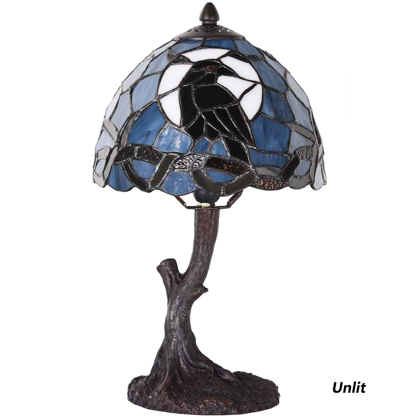 Bieye L12010 Raven Sitting on Bare Tree Branch in Full Moon Night Tiffany Style Stained Glass Table Lamp for Home Decor (Dark Blue, 8Wx14H)