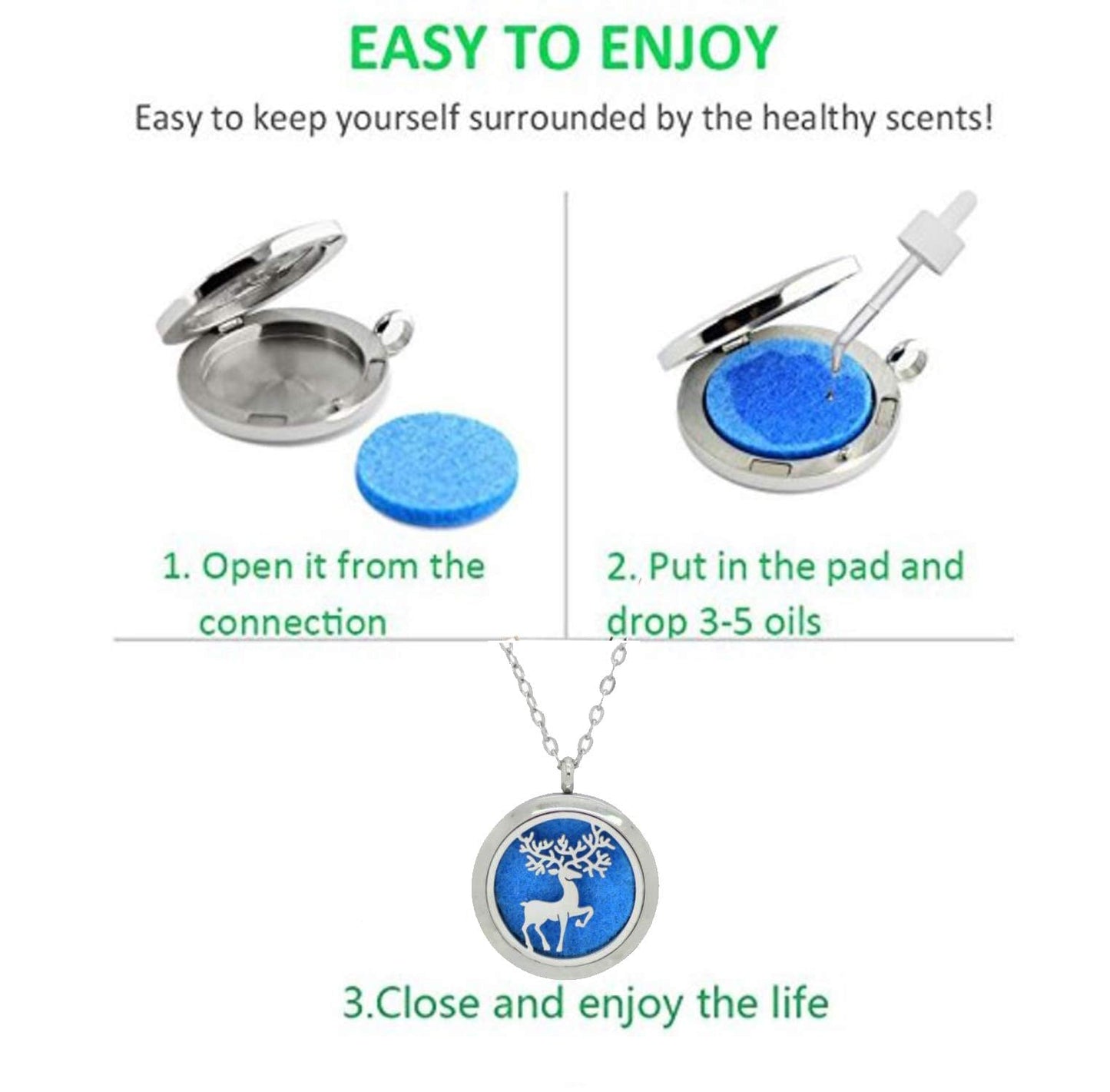 Aromatherapy Essential Oil Diffuser Stainless Steel 30MM Silver Magnetic Locket Pendant 2 Sizes Chain Necklace, Refill Pads & Diffuser Bracelet in a Velvet Bag (Prancing Winter elk)