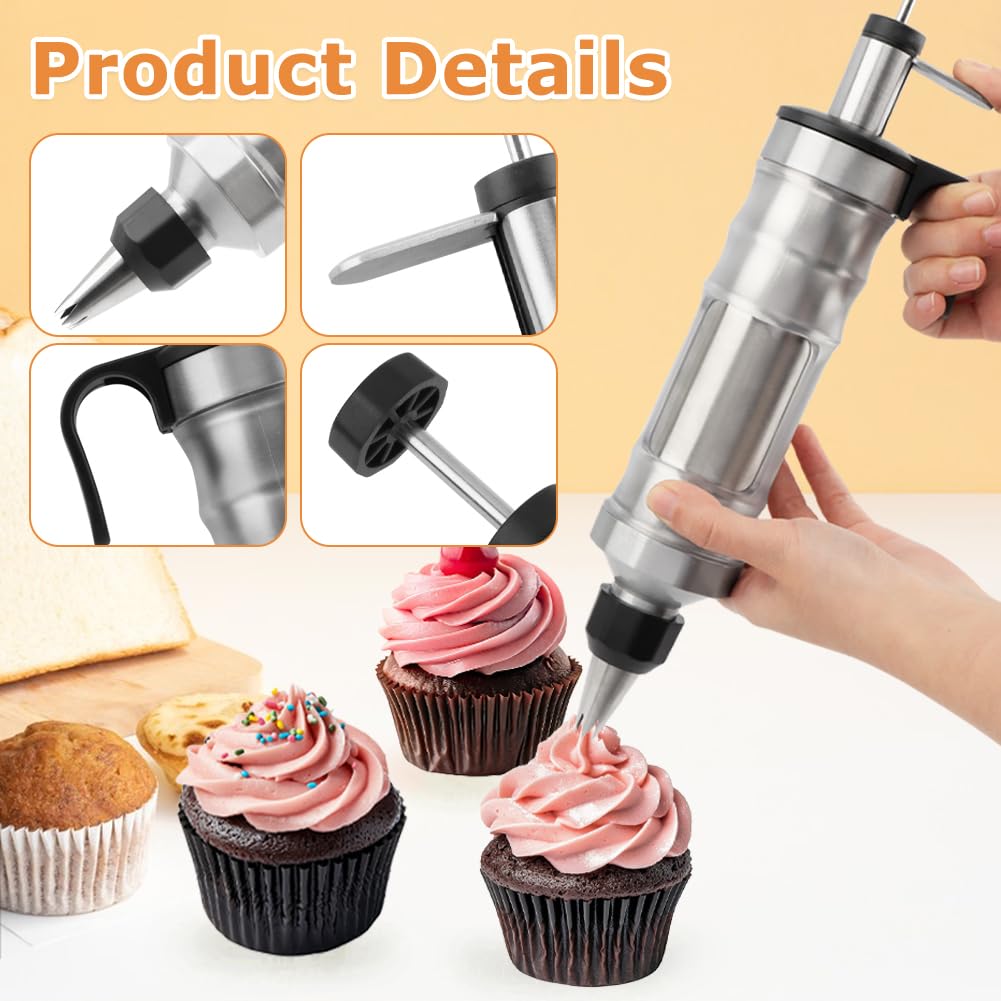 Zorivane Dessert Decorating Syringe Set, Frosting Piping Kit with 6 Piping Tips, 9 cupcakes, 2 adapter, 3 cream squeegee, Stainless Steels Cupcake Decorating Kit for Baking