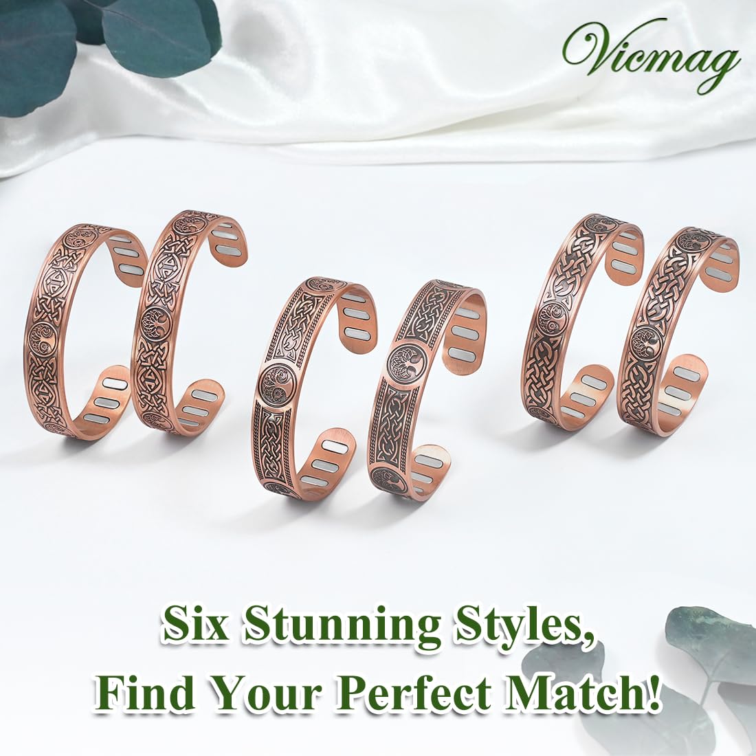 Vicmag Copper Bracelet for Men 9X Strength Magnetic 99% Pure Copper with 5000 Gauss Magnets, Tree of Life Present Box Adjustable(Celtic & Sun Moon Tree)