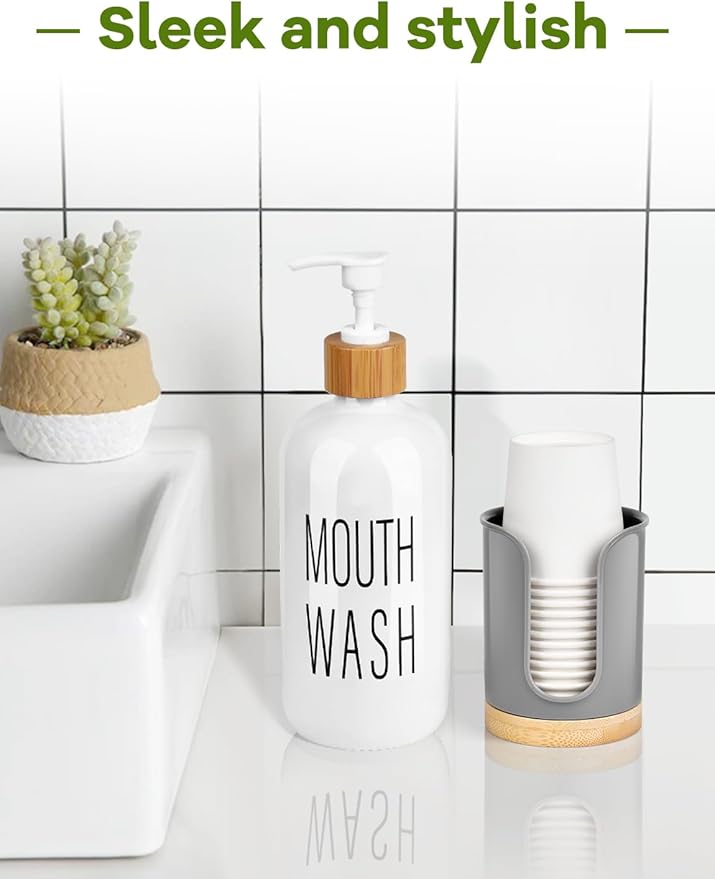 Bathroom Cup Dispenser - Small Cup Holder for Dixie 3 oz Bathroom Cups, Mouthwash Cups, 3 4 Ounce Cup Dispenser - PC/Bamboo, Grey, Pack of 1