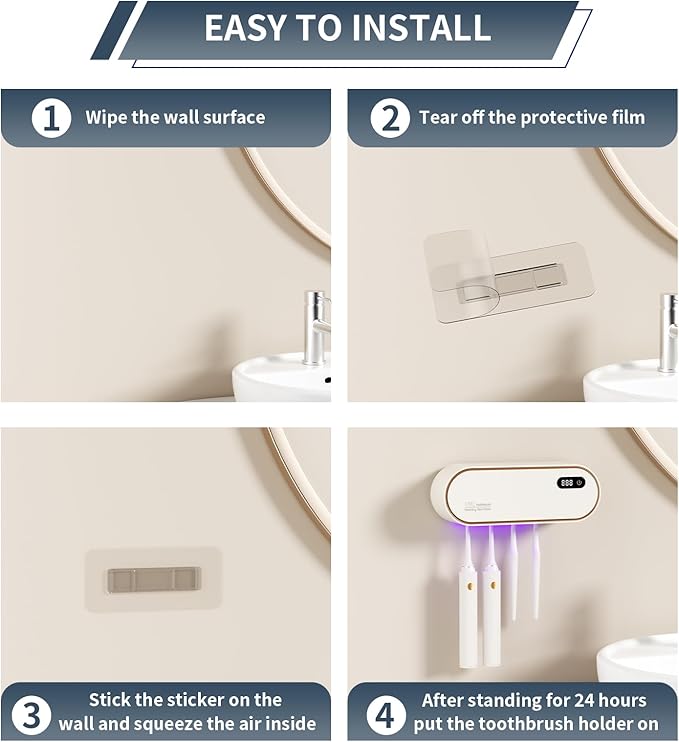 UV Toothbrush Cleaner and Holder with Air Drying & LED Smart Screen, 4 Slot Family Size Electric Toothbrush Organizer Wall Mounted No Drill for Bathroom