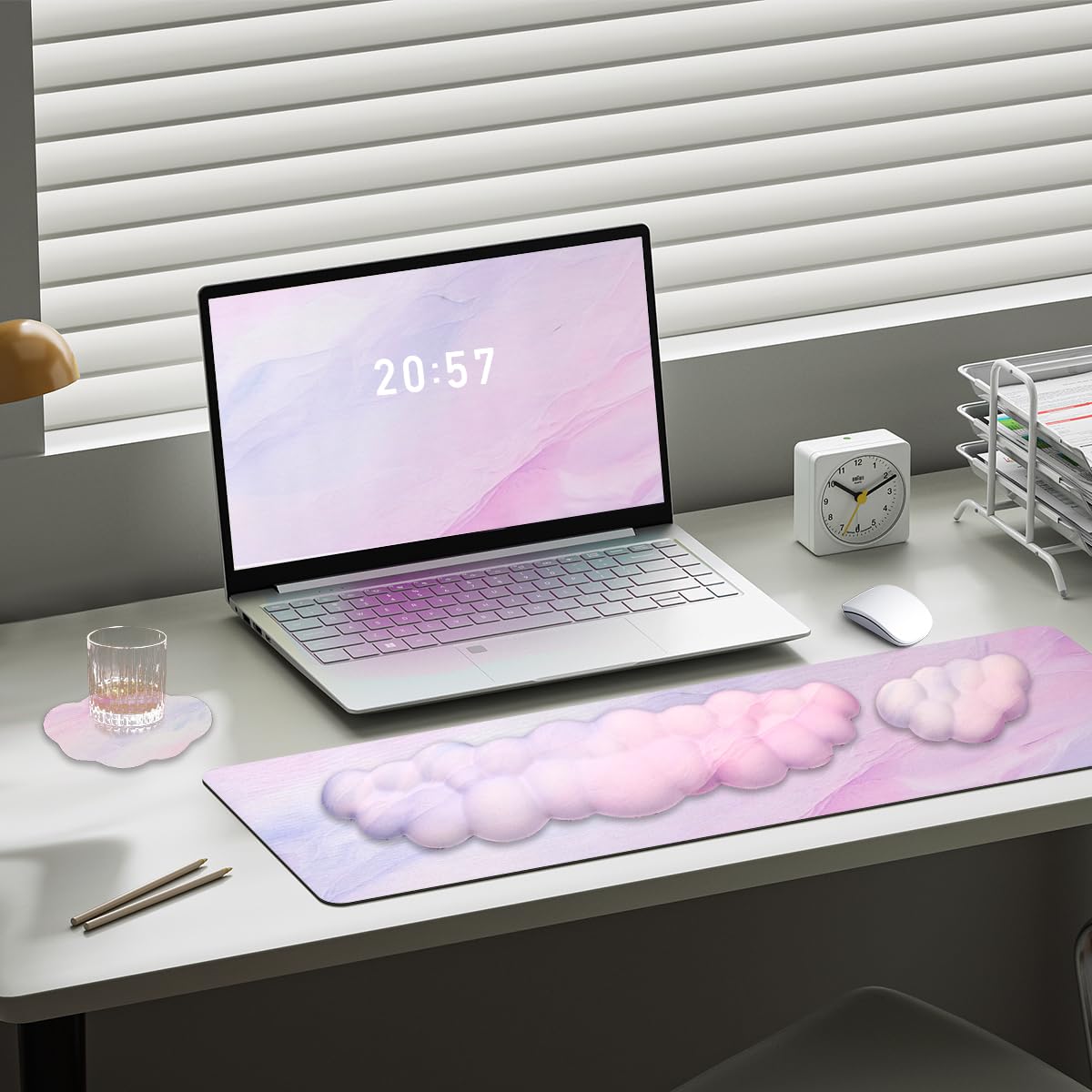 Gaming Desk Mat with Keyboard Wrist Rest Set, 4 in 1 Large Mouse Pad & Cloud Keyboard Wrist Rest& Mouse Wrist Rest&Coaster, Comfort and Support for Typing and Gaming(Purple Gradient)