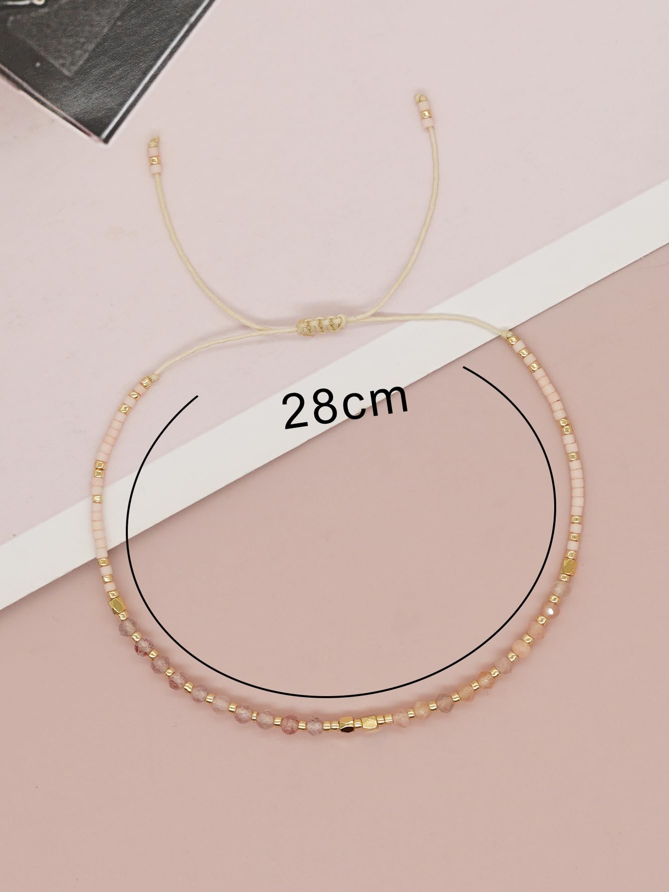 Agriajun Handmade Pink Gemstone Beaded Strand Bracelets for Women Dainty Adjustable Charm Beige String Braided Boho Gold Seed Beads Friendship Bracelets Fashion Jewelry Gift