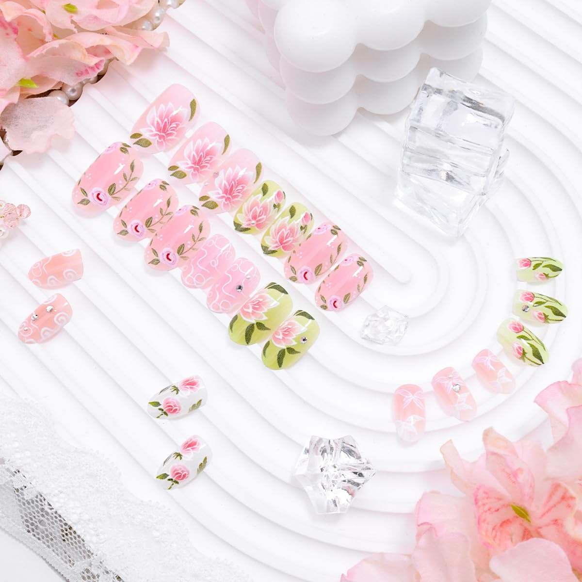 Pink Flower Press on Nails Short Oval Cute Fake Nails with 3D Rhinestone Design Spring Acrylic Nails Butterfly False Nails Summer Glue on Nails Lotus Flower Rose Press ons Artificial Nails Decor 24Pcs