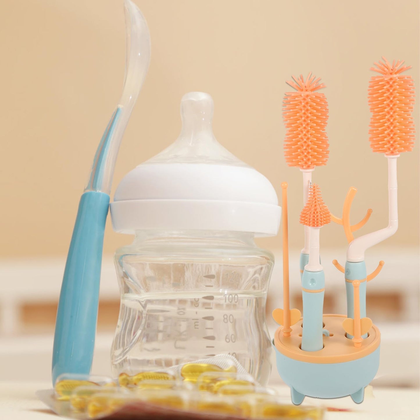 FRCOLOR Bottle Brush Set with Long Handle and Straw Cleaning Brush for Feeding, Blue Multi-piece Household Cleaning Kit with Drying Rack Suitable for Travel and Daily Use