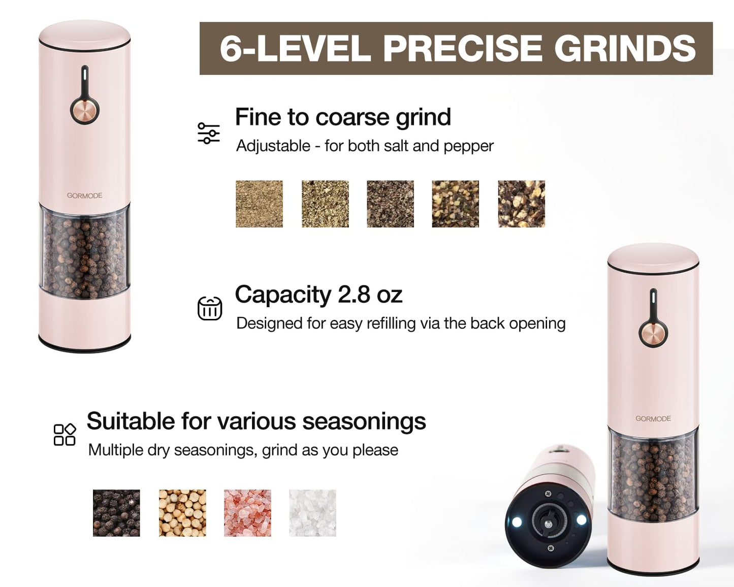 Electric Pepper Grinder and Salt Mill Set - Large Capacity USB Rechargeable Automatic Grinder with Dual LED Lights, One-Handed Operation & Slide Cover - Brushed Stainless Steel