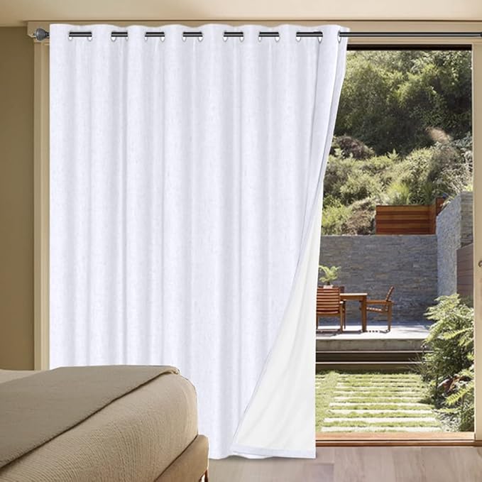 H.VERSAILTEX White Linen Blackout Curtains Durable Thick Textured Linen Look 100% Blackout Patio Door Curtain Anti Rust Grommet Extra Wide Sliding Door Curtain Panel, W100 x L96 inch- Bright White