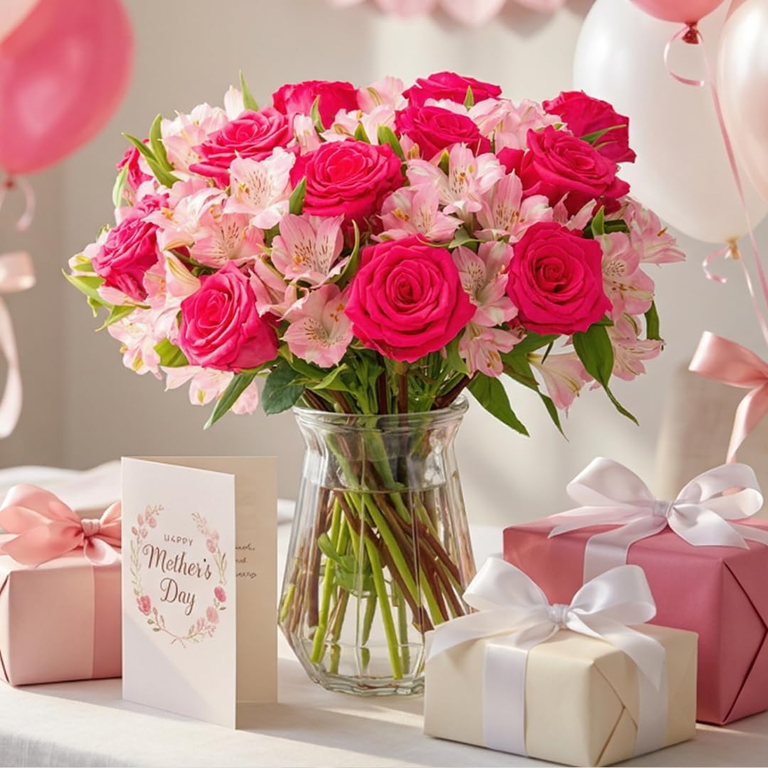 Benchmark Bouquets - Charming Roses & Alstroemeria (Glass Vase Included) - Fresh Flowers for Delivery - Gift for Graduation, Birthday, Anniversary, Sympathy, Get Well, Congratulations