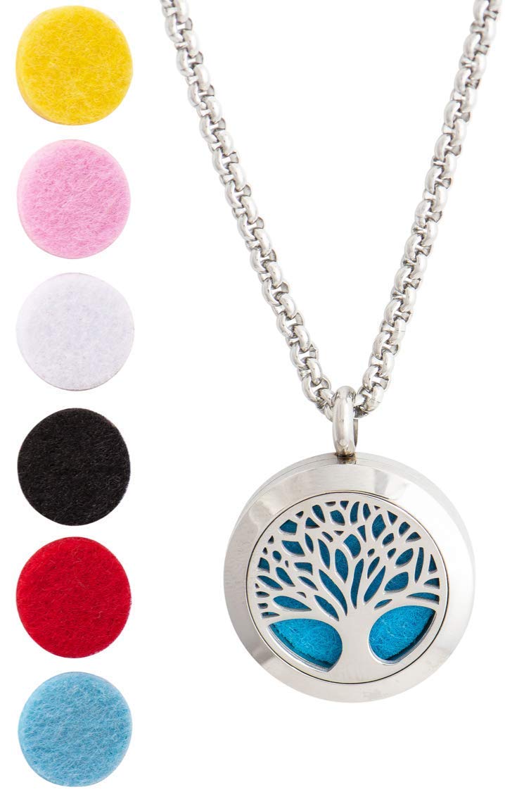Wild Essentials Tree of Life Essential Oil Diffuser Necklace, Stainless Steel Locket Pendant with 24 inch Chain, 12 Color Refill Pads, Customizable Color Changing Perfume Jewelry for Aromatherapy