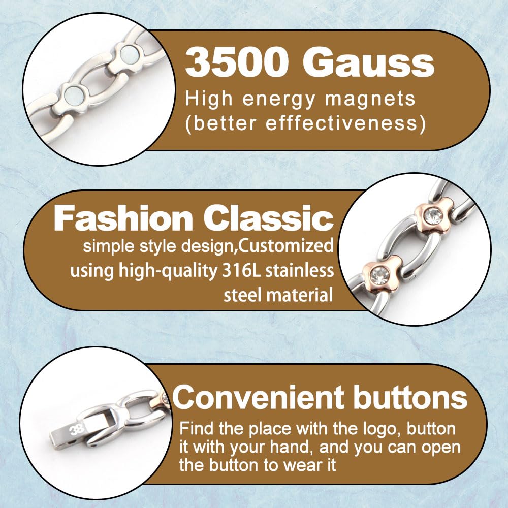 38 Magnetic Bracelet for Women, Titanium Germanium Bracelet, Silver Rose Gold Adjustable Women’s Jewelry Gift with Sizing Tool