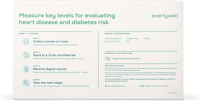 Everlywell Heart Health Test - at Home - CLIA-Certified Adult Test - Discreet Blood Analysis - Results Within Days - Measures Cholesterol, Triglyceride, and HbA1c Levels