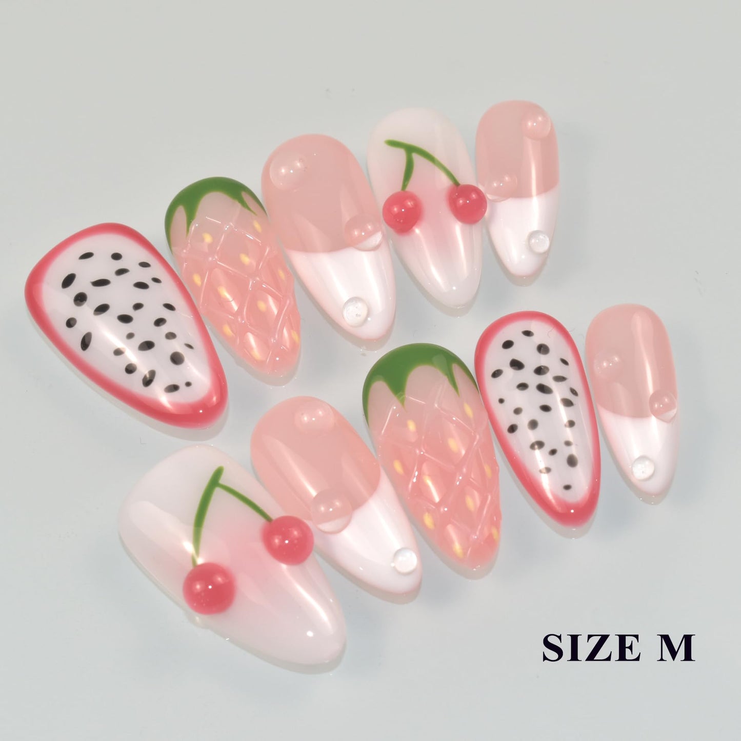 LIFOOST Handmade Press On Nails Medium Almond French False Nail Tips, 3D Pink Fruit Design 10pcs Reusable 3D Cartoon Glue On Acrylic Fake Nails