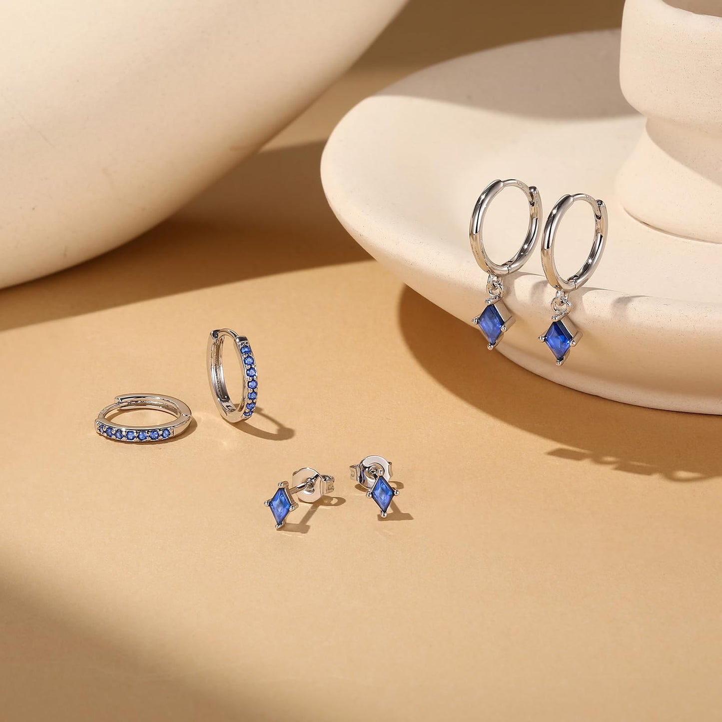 Angelady Sterling Silver Earrings Set for Women, Dainty Navy Blue Huggie Hoop Earring, Hypoallergenic Trendy Small Silver Earring Stacks for Multiple Piercing, Blue Earring for Women