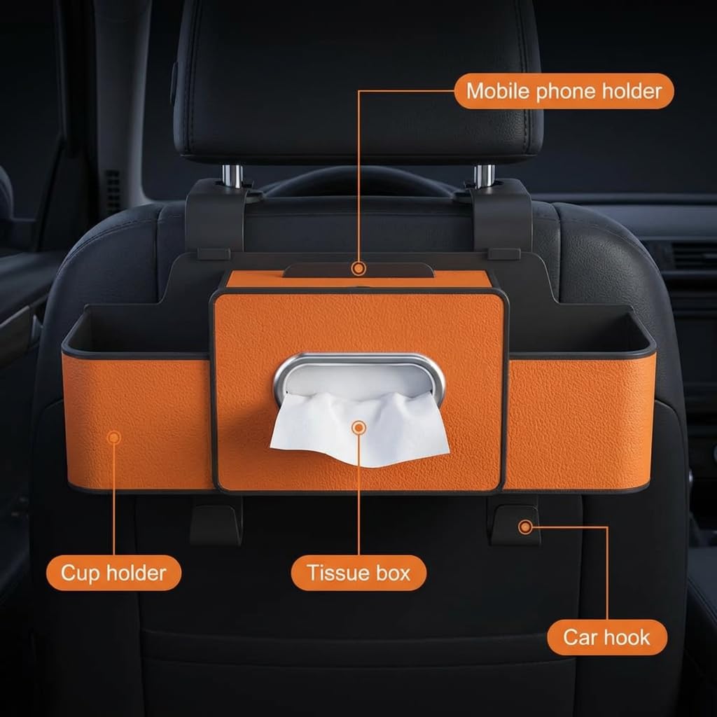 ALZHIUM 3-in-1 Backseat Car Organizer with Dual Cup Holders,Tissue Box & Phone Holder, 2026 Upgraded Car Seat Back Storage Box,Multifunctional Waterproof Storage for Daily Driving & Travel（Black）