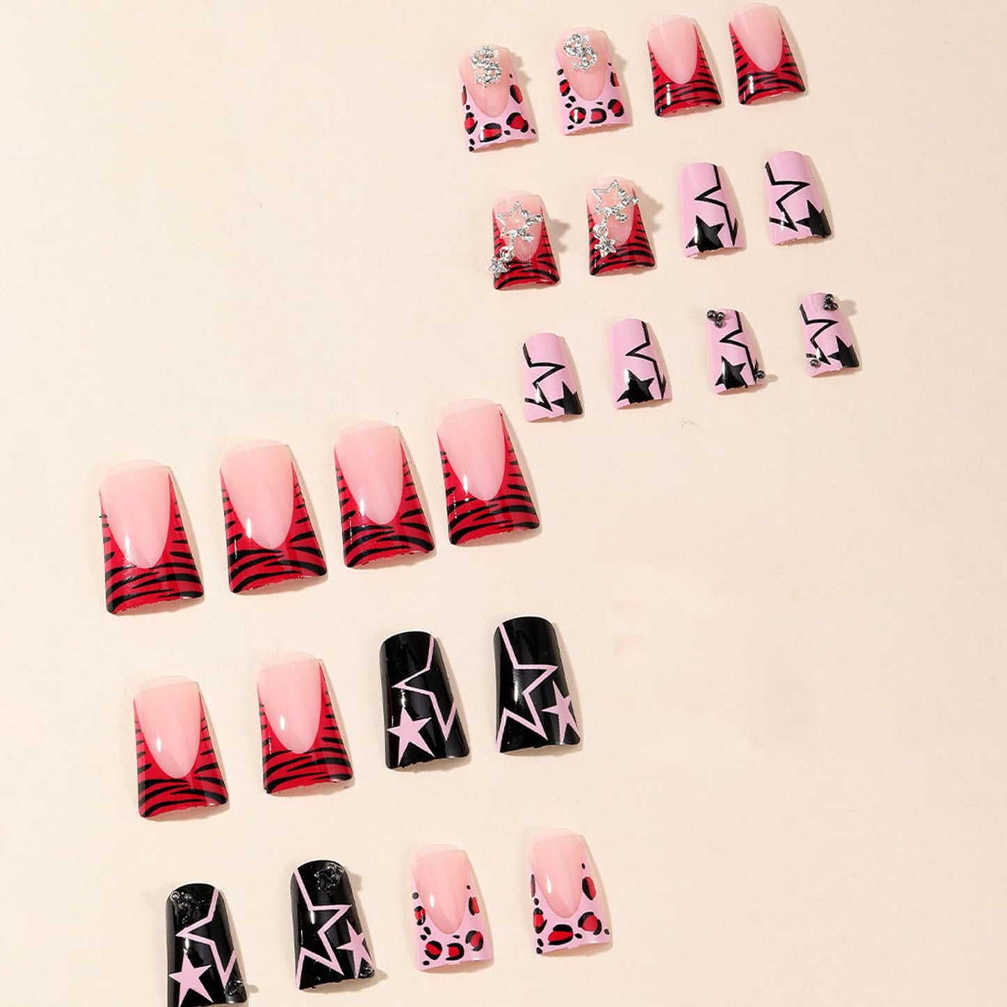 IMSOHOT Y2K Duck Press on Nails Pink Black French Tips Fake Nails Full Cover Star Print Artificial False Nails Cute Duck Feet Medium False Nails for Women 24PCS