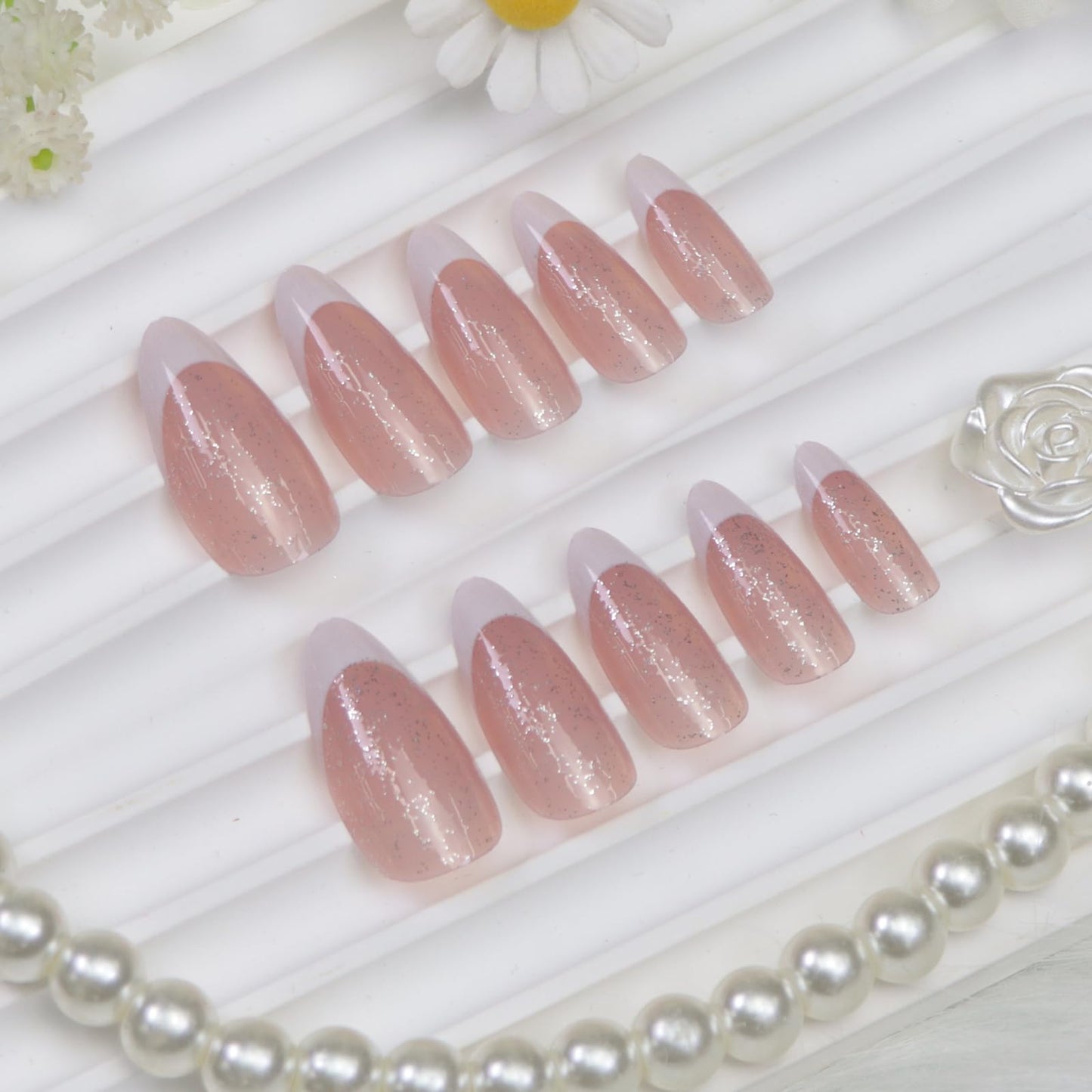 Almond Press on Nails Medium Fake Nails White French Tip Nails Press ons Glossy Glue on Nails with Glitter Designs Light Pink Stick on Nail for Women 24pcs