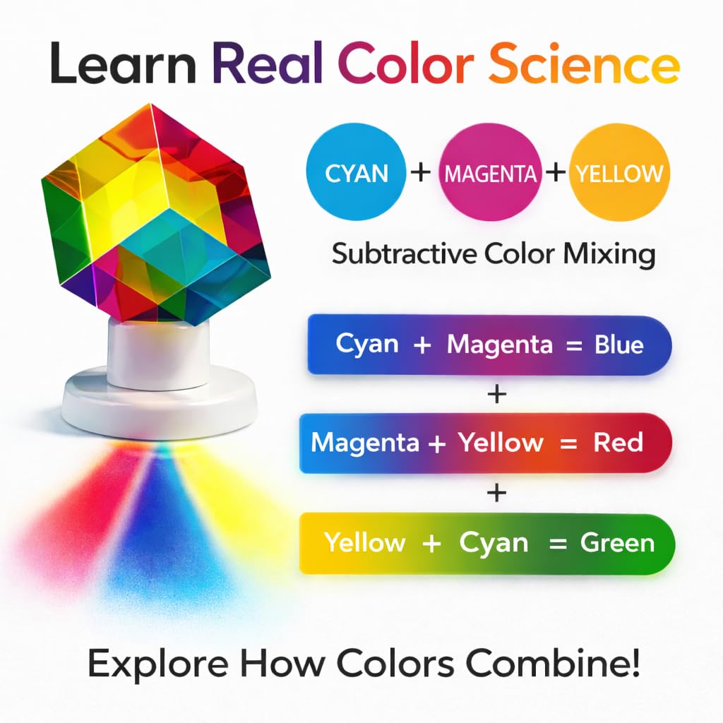Twiddler Toys Color Mixing Cube with Display Stand – 2 Inch (50mm) Cyan, Yellow, & Magenta Acrylic Prism Optical Physics Desk Decor – Satisfying Silent Fidget Toy